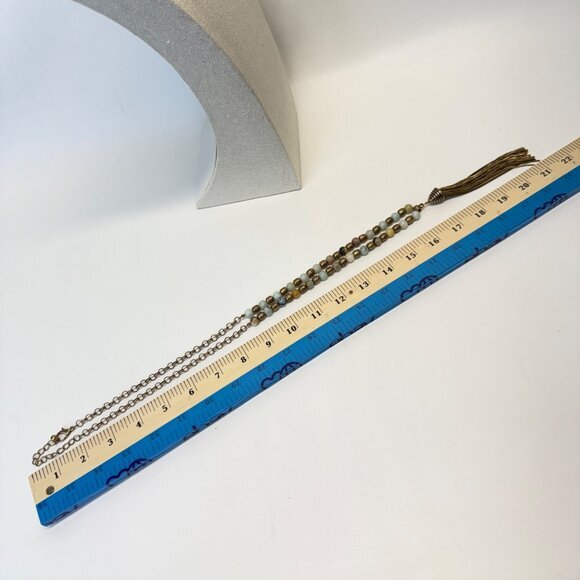 Tassel Pendant Necklace Stone Beads Brassy Gold Tone Long Length Adjustable - Picture 4 of 10